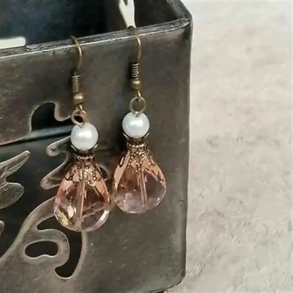 Handmade Steampunk Pink Faceted Glass Teardrop Antiqued Brass Dangle Earrings